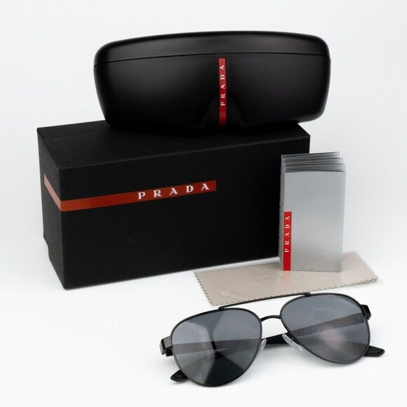NEW Prada Linea Rossa PS54TS 1AB5Z1 Black Polarized Grey Pilot Unisex Sunglasses - Picture 2 of 12
